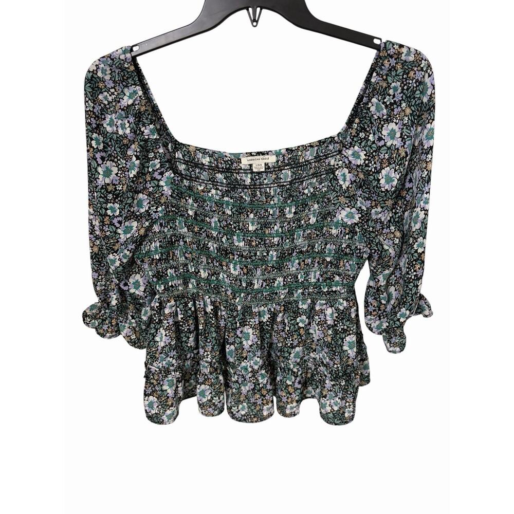 American Eagle Floral Smocked Peplum Top Puff Sleeve Cottagecore Boho M